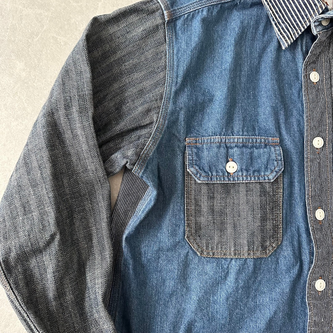 クレイジーパターンヒッコリーデニムワークシャツ ストライプ柄 M 古着 メンズ