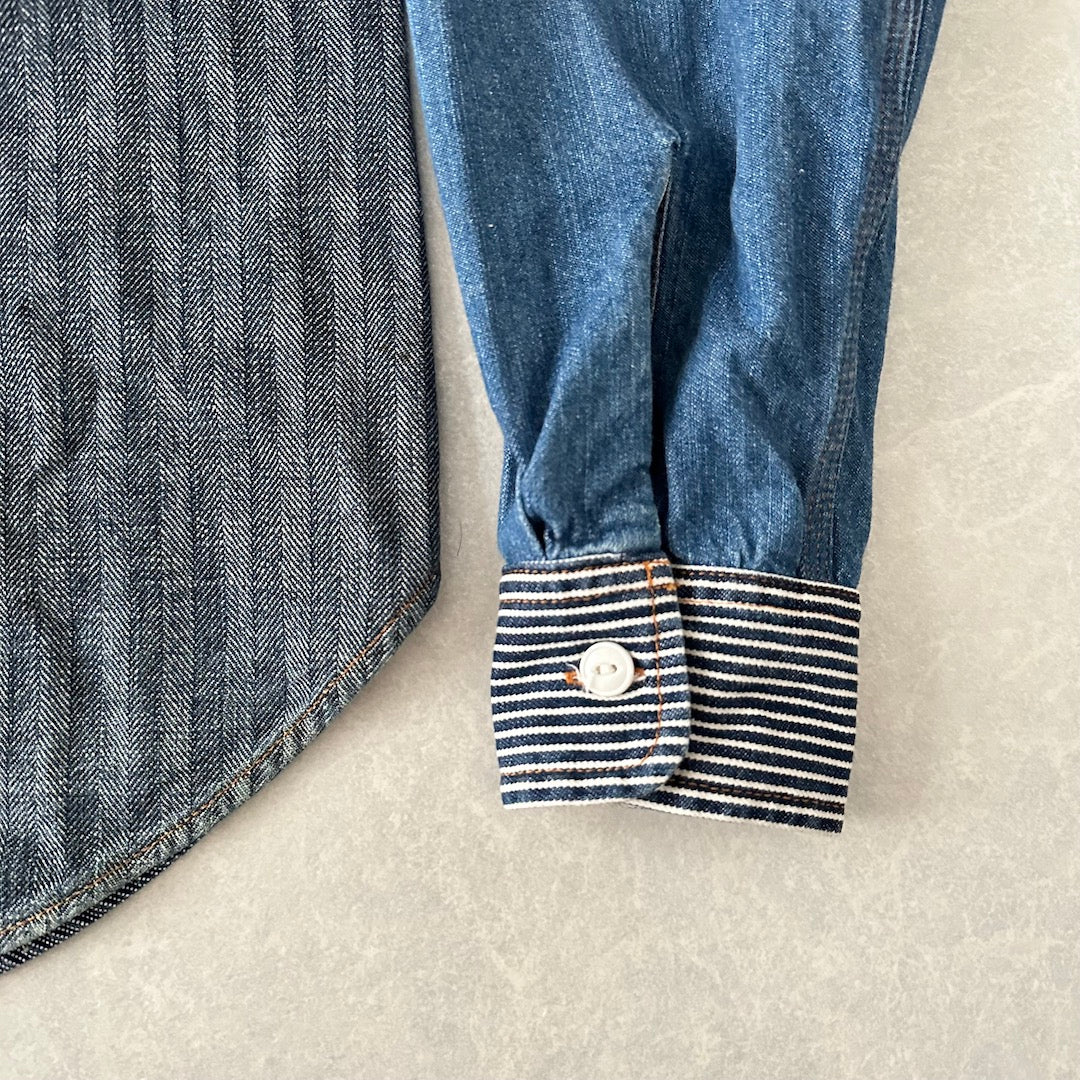 クレイジーパターンヒッコリーデニムワークシャツ ストライプ柄 M 古着 メンズ