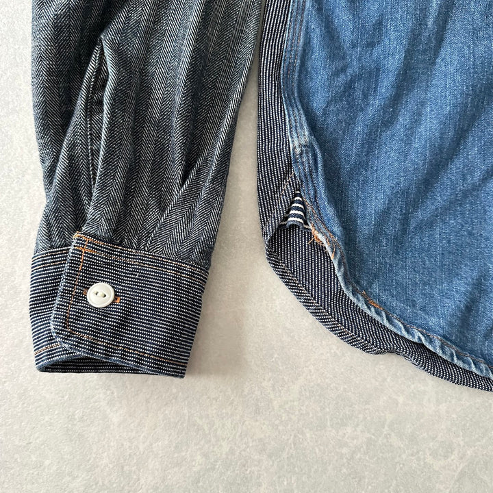 クレイジーパターンヒッコリーデニムワークシャツ ストライプ柄 M 古着 メンズ