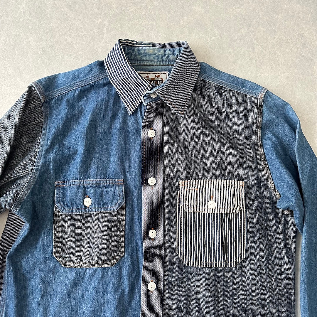 クレイジーパターンヒッコリーデニムワークシャツ ストライプ柄 M 古着 メンズ