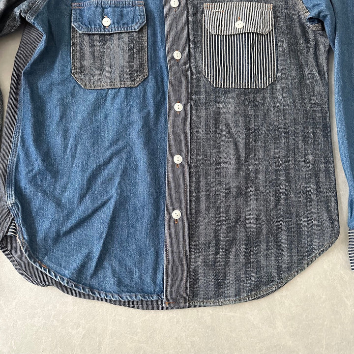 クレイジーパターンヒッコリーデニムワークシャツ ストライプ柄 M 古着 メンズ