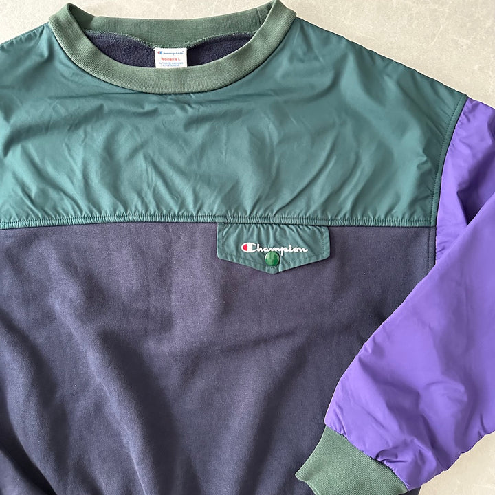 【Champion】マルチカラープルオーバーナイロンスウェット マルチカラー L 古着 レディース