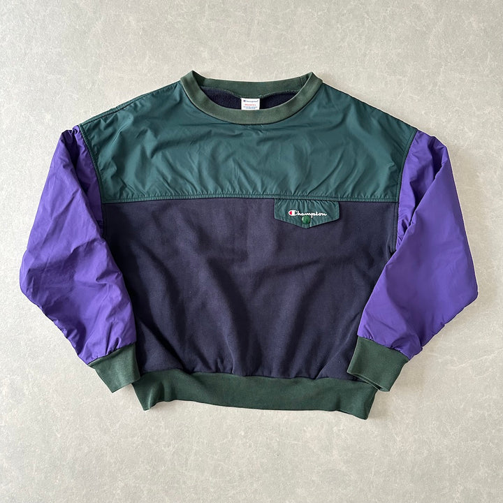 【Champion】マルチカラープルオーバーナイロンスウェット マルチカラー L 古着 レディース