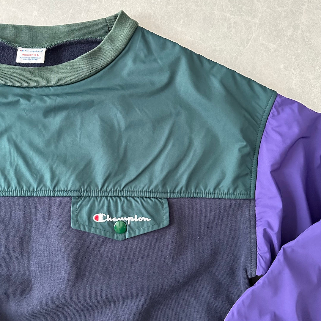【Champion】マルチカラープルオーバーナイロンスウェット マルチカラー L 古着 レディース