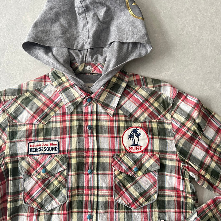 取り外しフード付きチェック柄ワッペンシャツ チェック柄 M 古着 メンズ