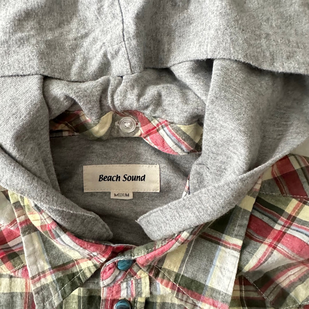 取り外しフード付きチェック柄ワッペンシャツ チェック柄 M 古着 メンズ