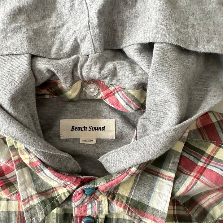 取り外しフード付きチェック柄ワッペンシャツ チェック柄 M 古着 メンズ