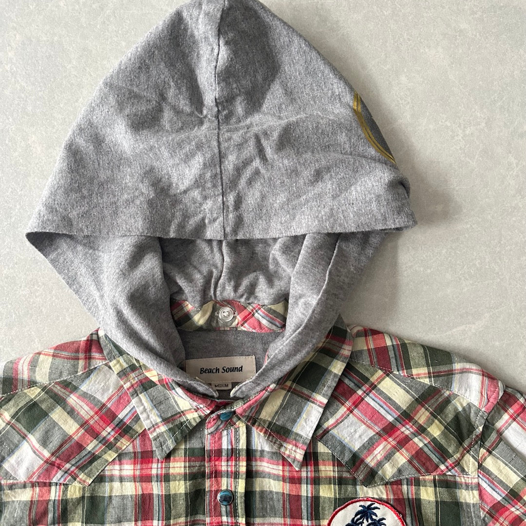 取り外しフード付きチェック柄ワッペンシャツ チェック柄 M 古着 メンズ