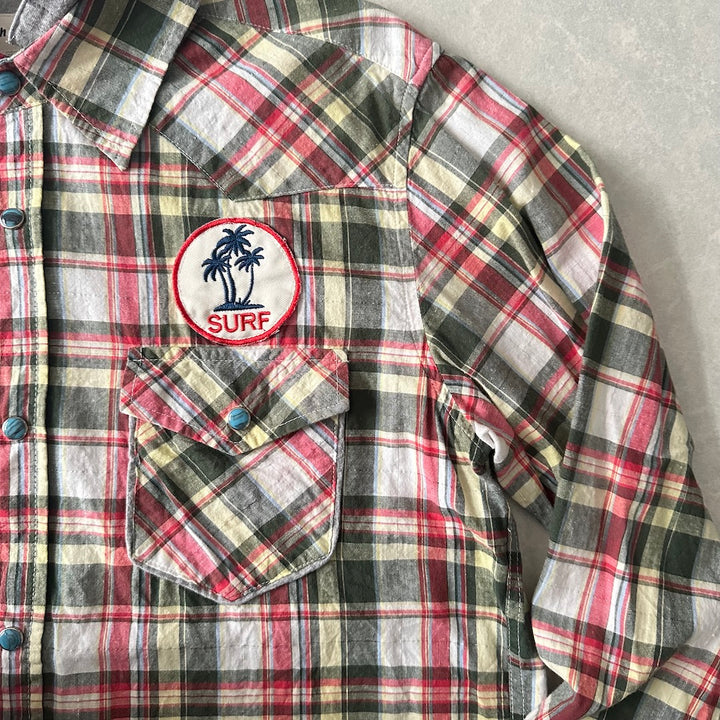 取り外しフード付きチェック柄ワッペンシャツ チェック柄 M 古着 メンズ