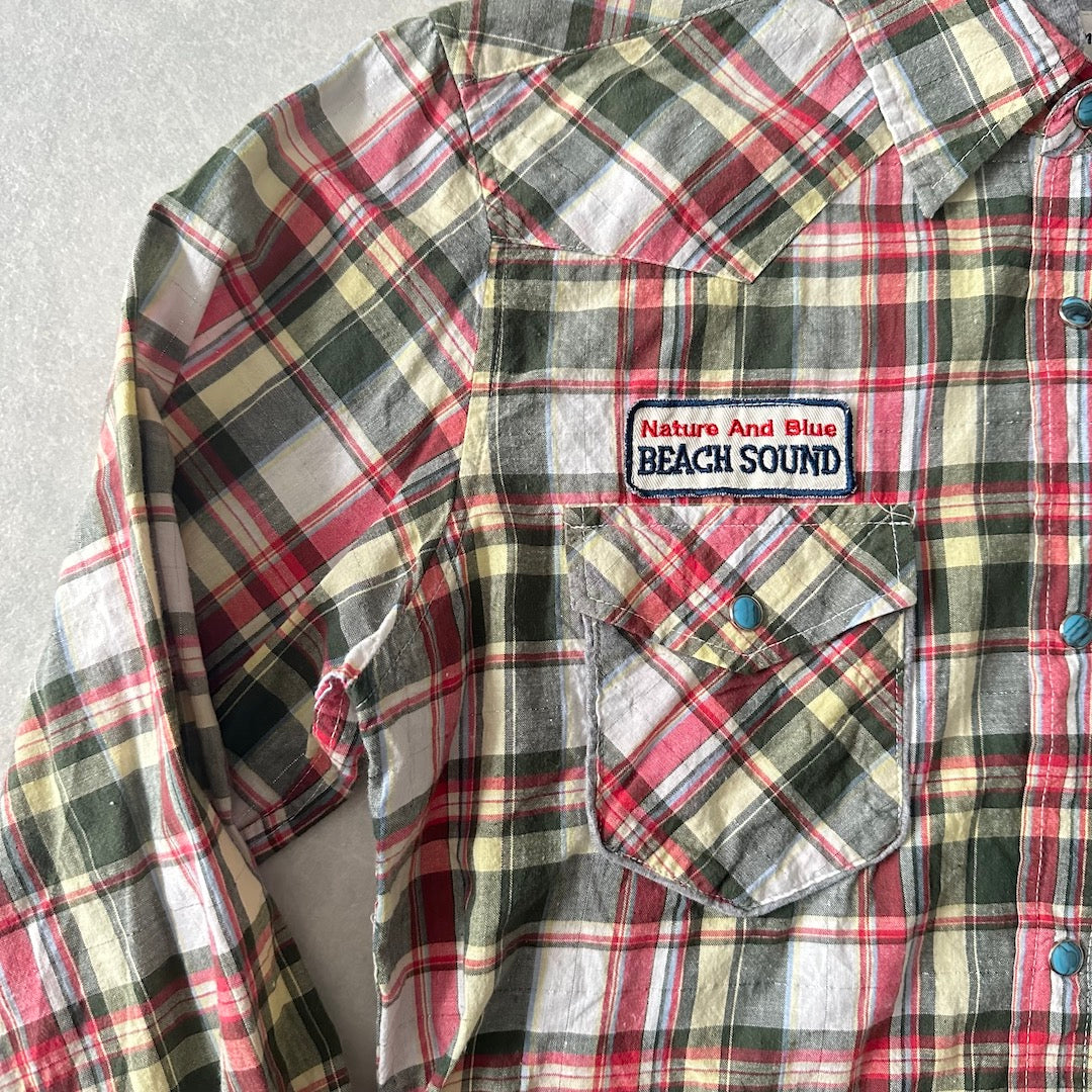 取り外しフード付きチェック柄ワッペンシャツ チェック柄 M 古着 メンズ