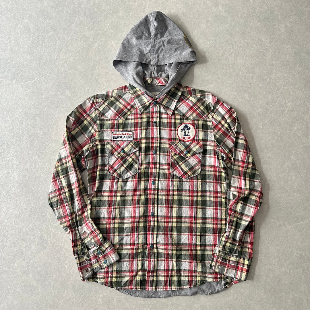 取り外しフード付きチェック柄ワッペンシャツ チェック柄 M 古着 メンズ