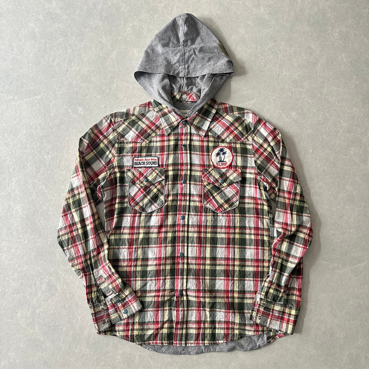 取り外しフード付きチェック柄ワッペンシャツ チェック柄 M 古着 メンズ