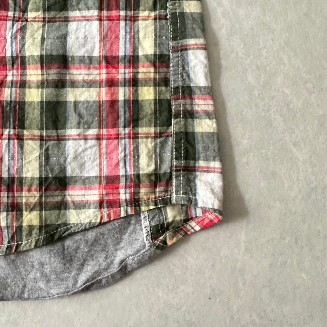 取り外しフード付きチェック柄ワッペンシャツ チェック柄 M 古着 メンズ