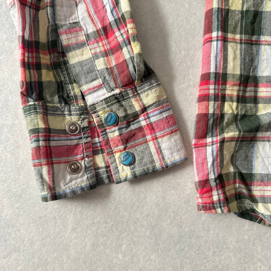 取り外しフード付きチェック柄ワッペンシャツ チェック柄 M 古着 メンズ