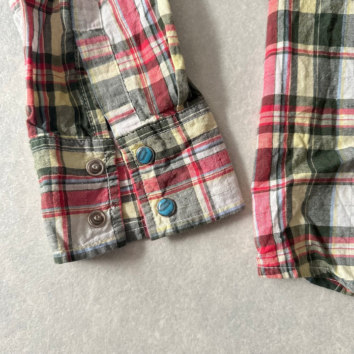 取り外しフード付きチェック柄ワッペンシャツ チェック柄 M 古着 メンズ