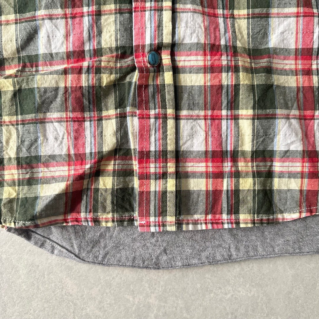 取り外しフード付きチェック柄ワッペンシャツ チェック柄 M 古着 メンズ