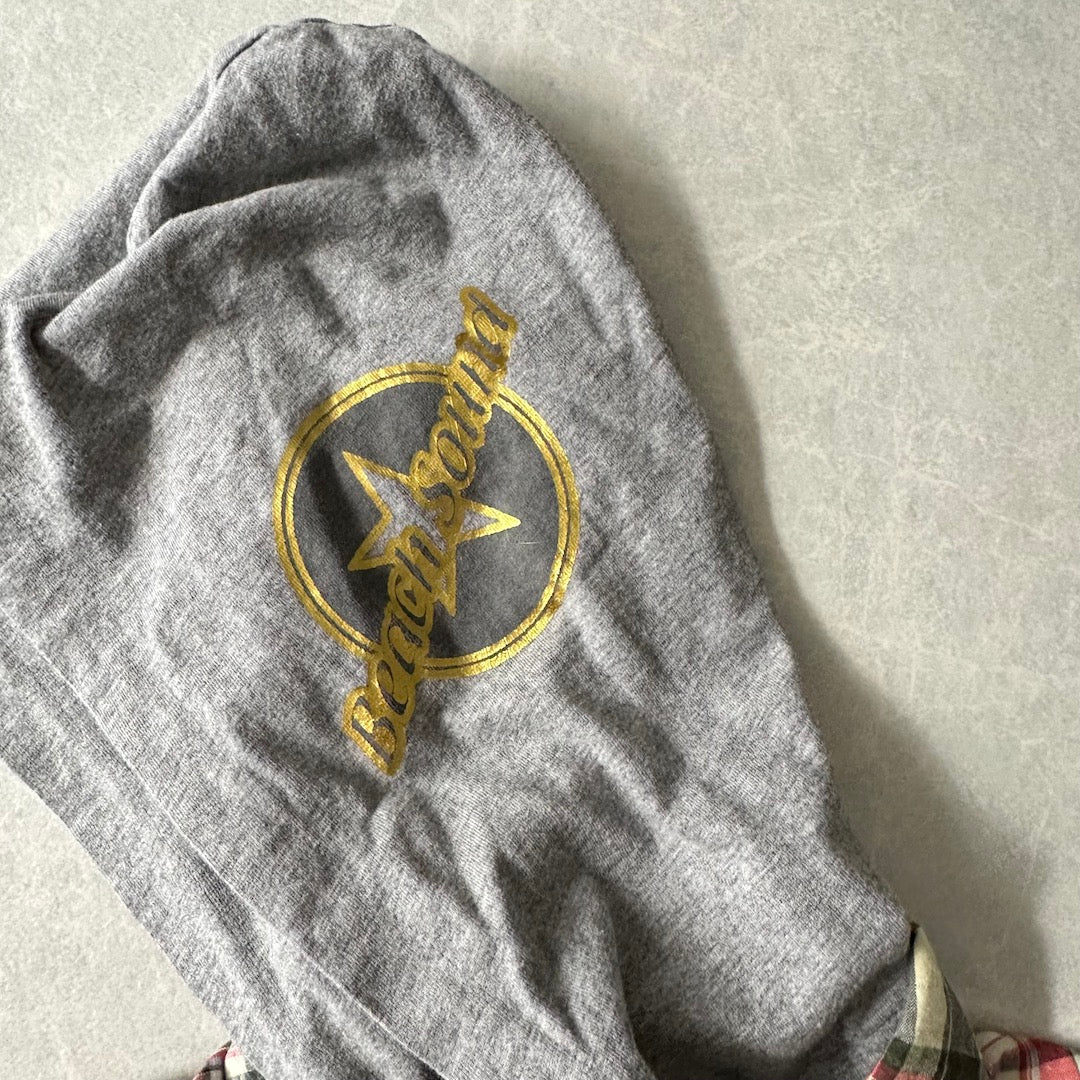 取り外しフード付きチェック柄ワッペンシャツ チェック柄 M 古着 メンズ