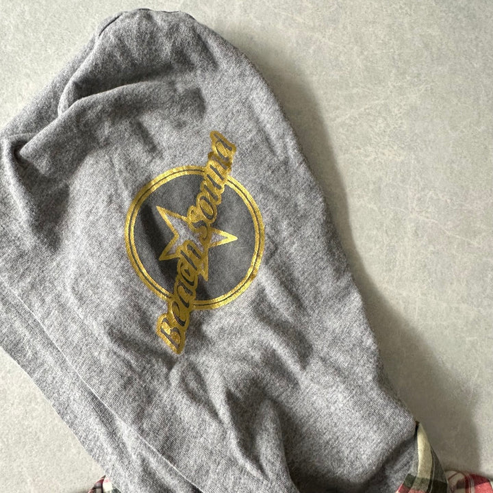 取り外しフード付きチェック柄ワッペンシャツ チェック柄 M 古着 メンズ