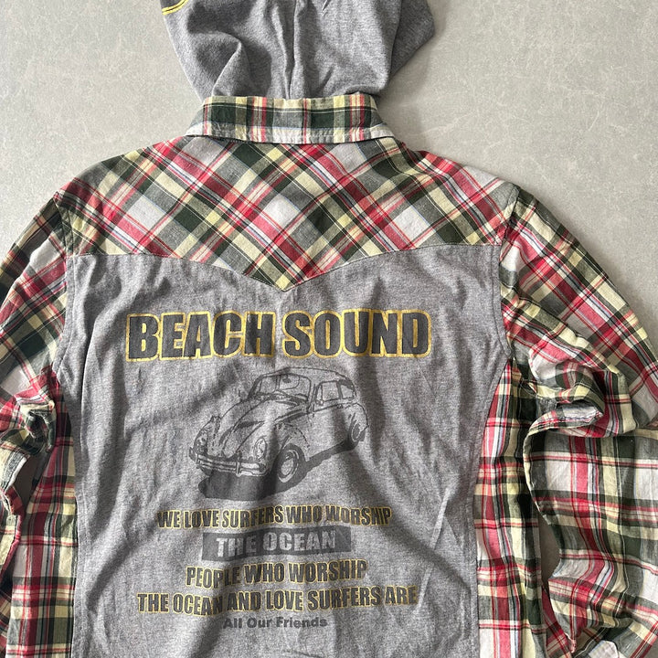 取り外しフード付きチェック柄ワッペンシャツ チェック柄 M 古着 メンズ