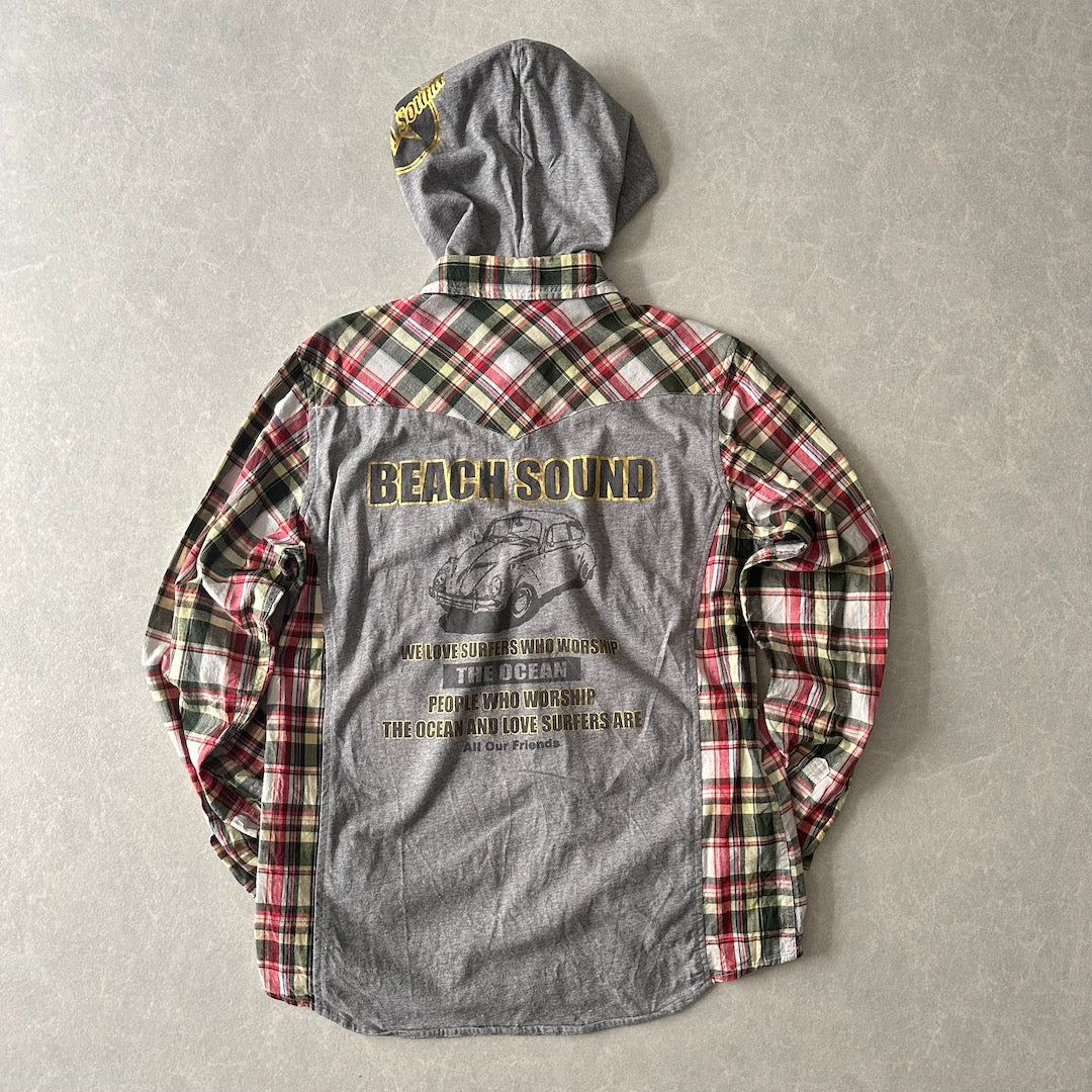 取り外しフード付きチェック柄ワッペンシャツ チェック柄 M 古着 メンズ