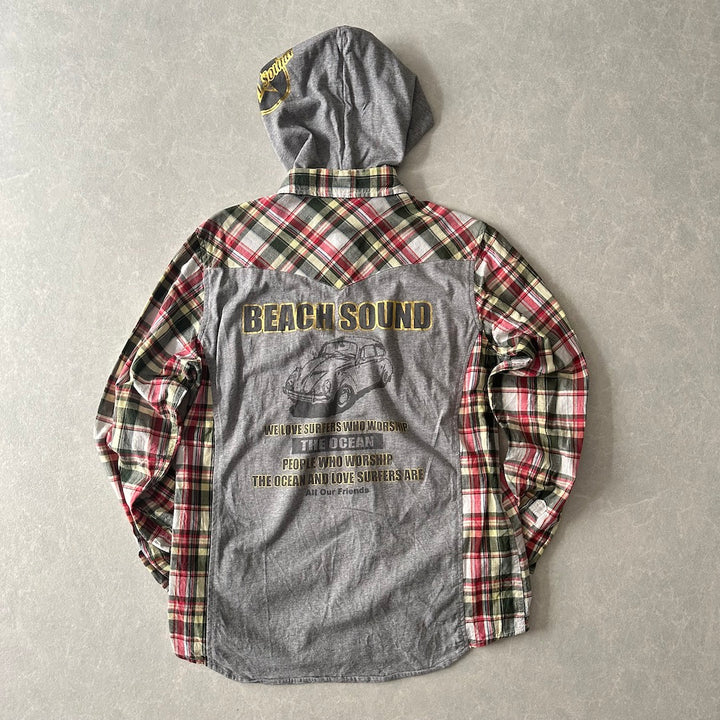 取り外しフード付きチェック柄ワッペンシャツ チェック柄 M 古着 メンズ