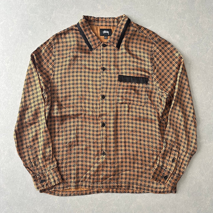 【STUSSY】モノグラム風グラフィカル総柄シャツ 総柄 M 古着 メンズ
