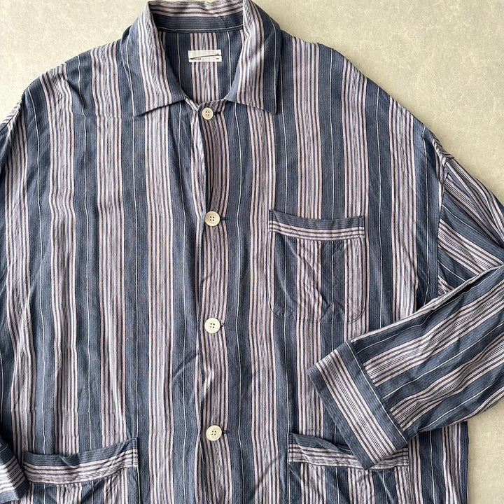 【LAD MUSICIAN】マルチストライプステンカラーシャツコート ストライプ柄 44 古着 メンズ