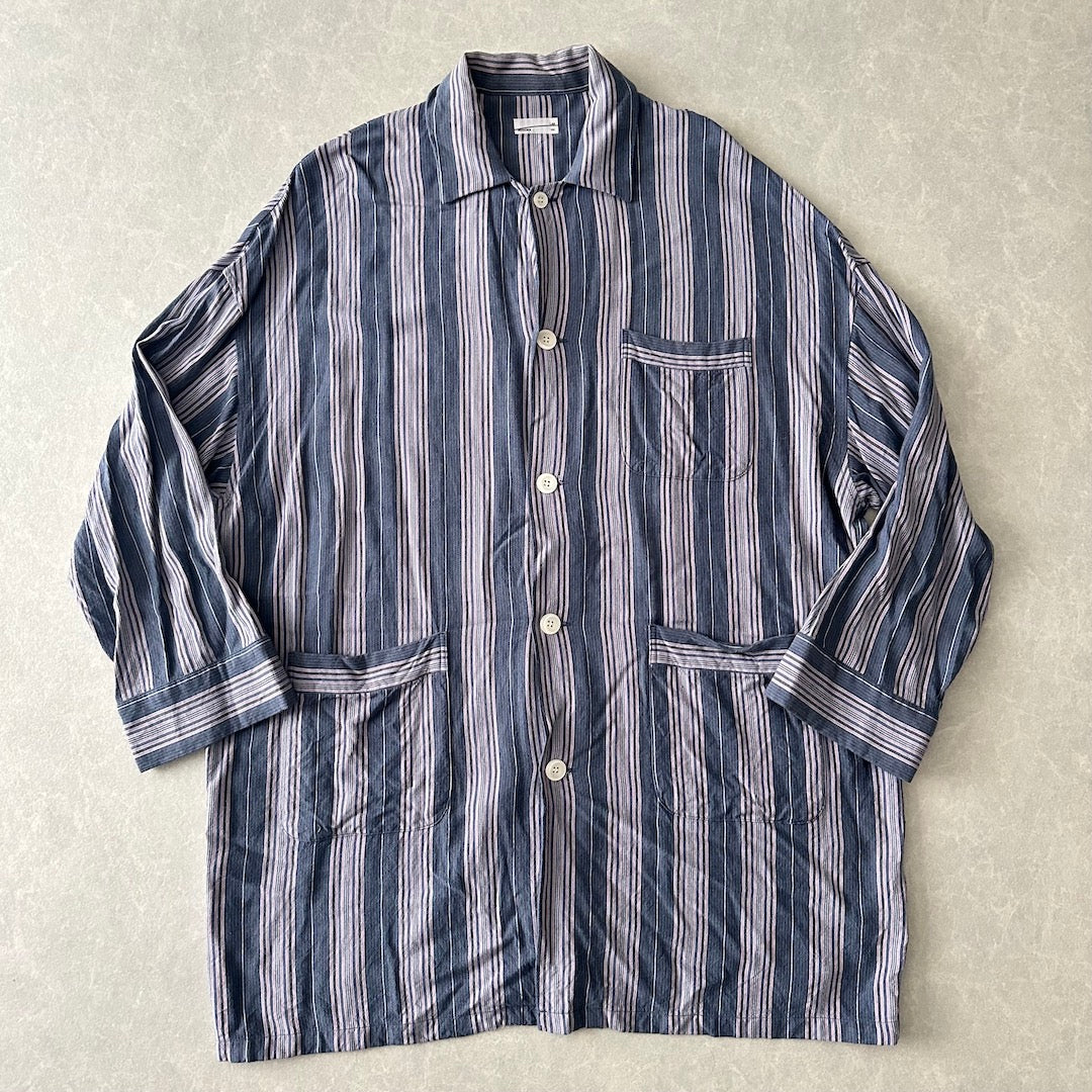 【LAD MUSICIAN】マルチストライプステンカラーシャツコート ストライプ柄 44 古着 メンズ