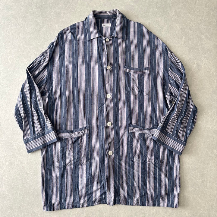 【LAD MUSICIAN】マルチストライプステンカラーシャツコート ストライプ柄 44 古着 メンズ