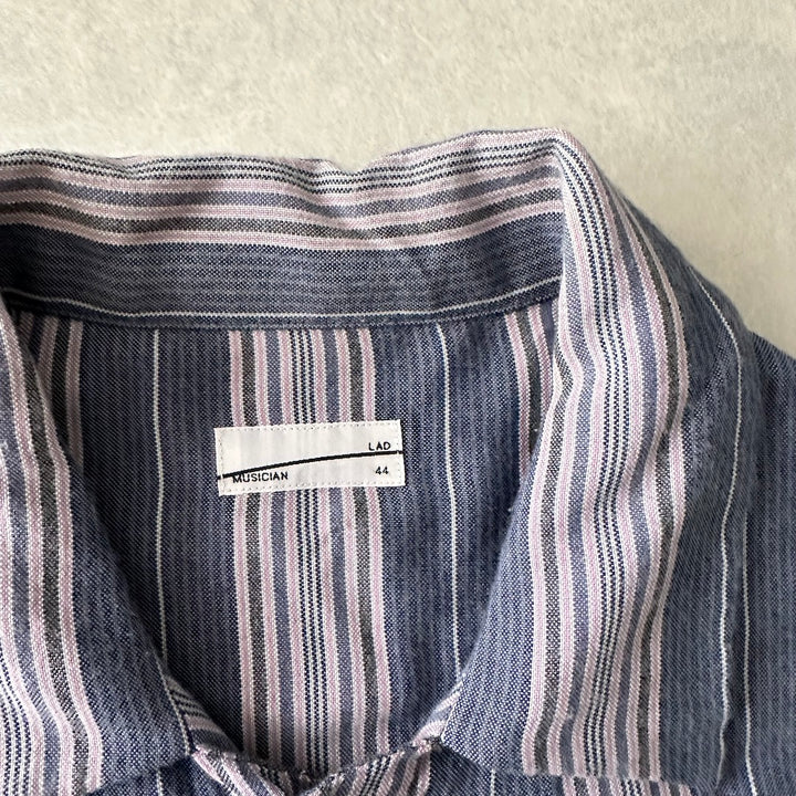 【LAD MUSICIAN】マルチストライプステンカラーシャツコート ストライプ柄 44 古着 メンズ