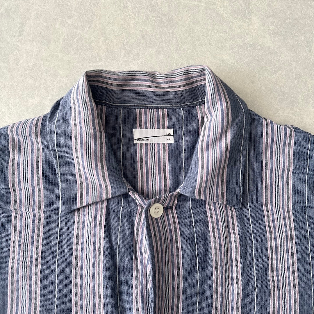 【LAD MUSICIAN】マルチストライプステンカラーシャツコート ストライプ柄 44 古着 メンズ