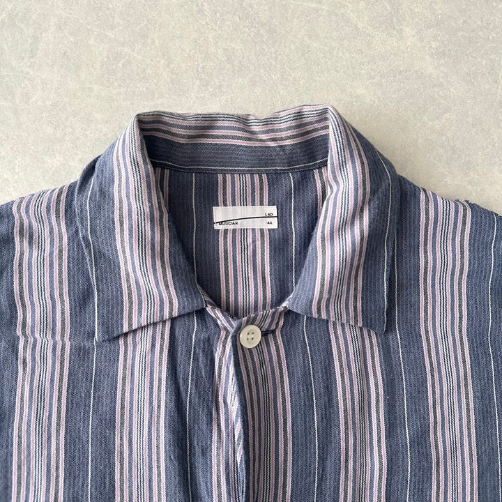 【LAD MUSICIAN】マルチストライプステンカラーシャツコート ストライプ柄 44 古着 メンズ