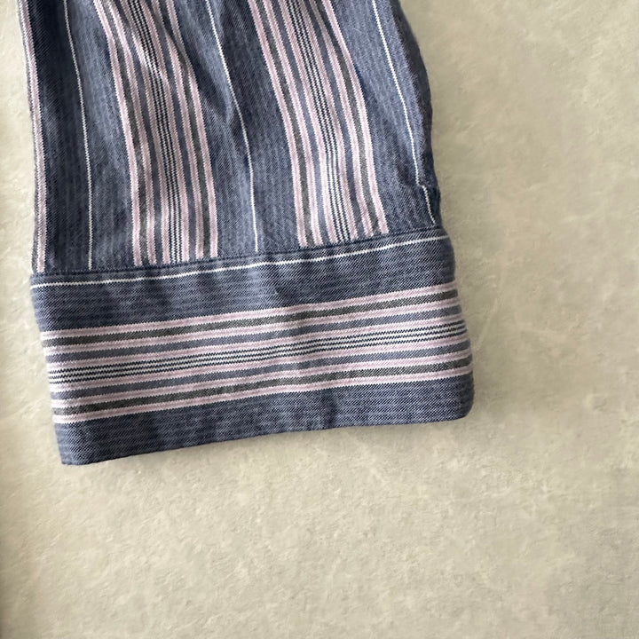 【LAD MUSICIAN】マルチストライプステンカラーシャツコート ストライプ柄 44 古着 メンズ