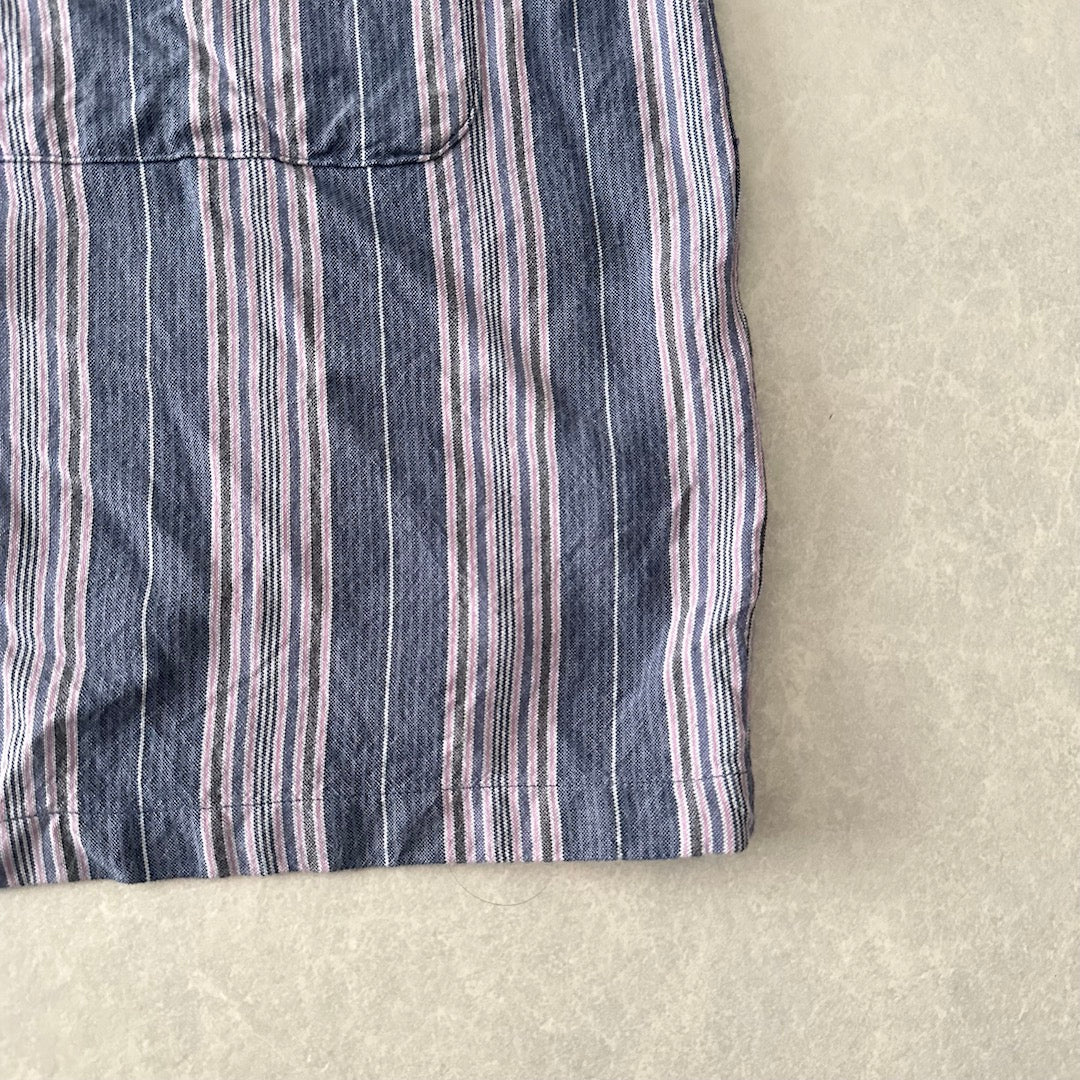 【LAD MUSICIAN】マルチストライプステンカラーシャツコート ストライプ柄 44 古着 メンズ