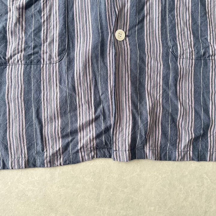 【LAD MUSICIAN】マルチストライプステンカラーシャツコート ストライプ柄 44 古着 メンズ