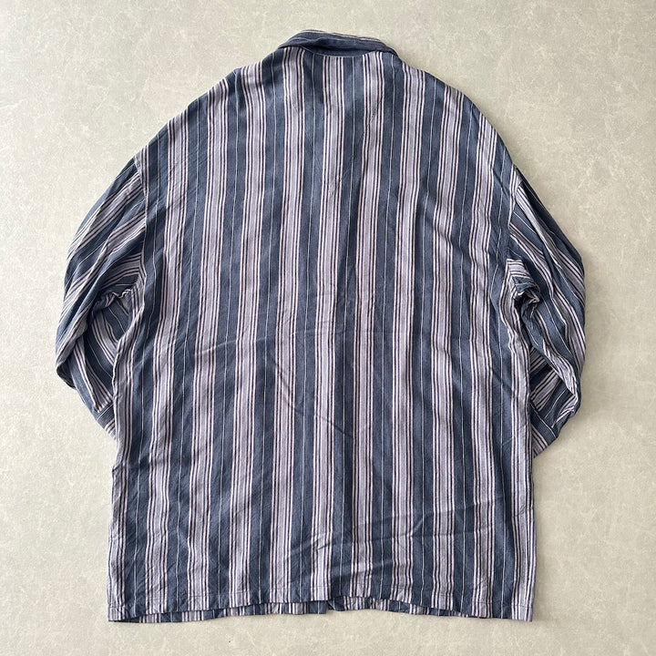 【LAD MUSICIAN】マルチストライプステンカラーシャツコート ストライプ柄 44 古着 メンズ