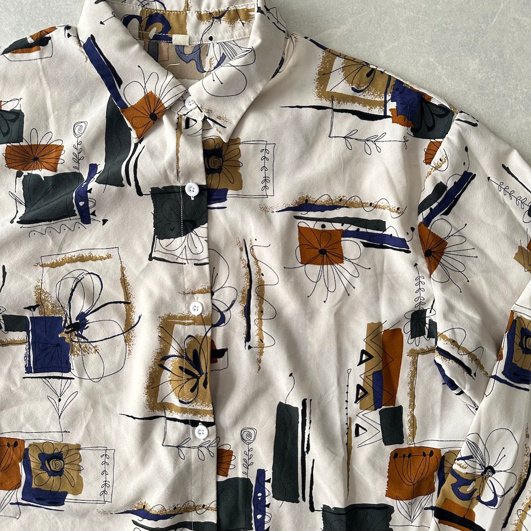 アート柄グラフィックプリントシャツ 総柄 M 古着 メンズ