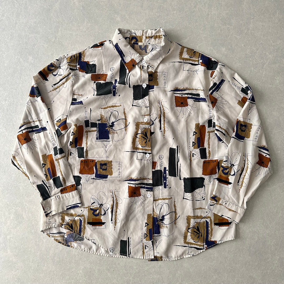 アート柄グラフィックプリントシャツ 総柄 M 古着 メンズ
