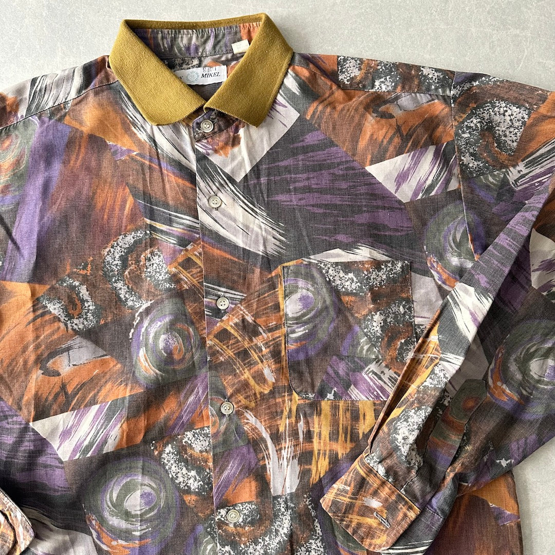 アート柄編立衿総柄シャツ 総柄 L 古着 メンズ