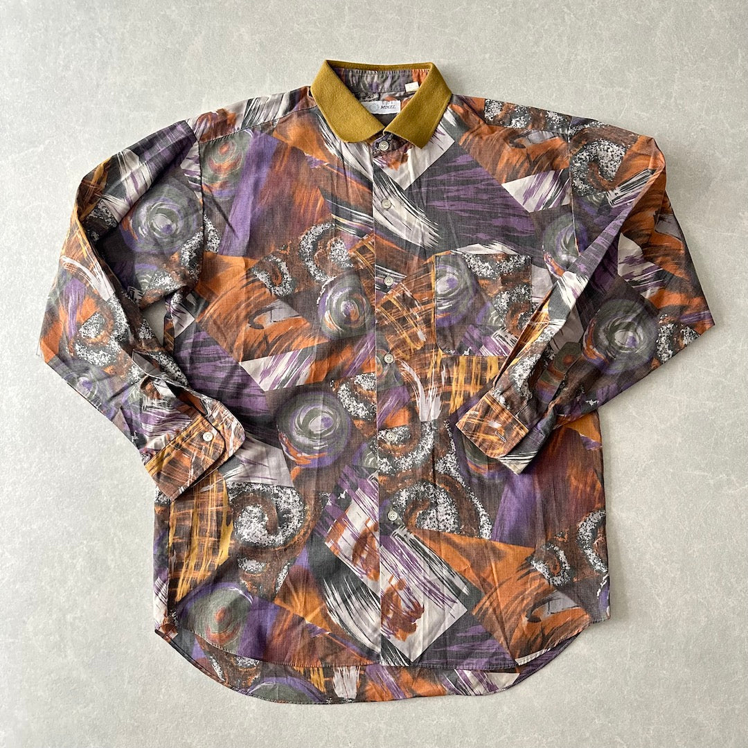 アート柄編立衿総柄シャツ 総柄 L 古着 メンズ