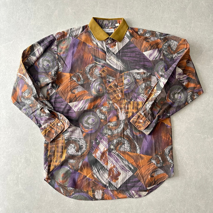 アート柄編立衿総柄シャツ 総柄 L 古着 メンズ
