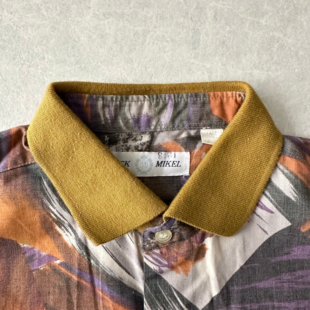 アート柄編立衿総柄シャツ 総柄 L 古着 メンズ