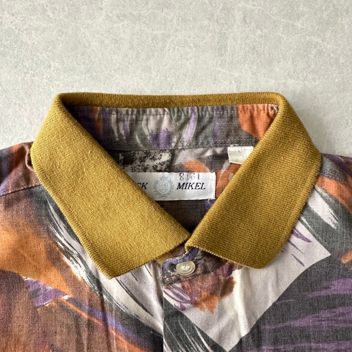 アート柄編立衿総柄シャツ 総柄 L 古着 メンズ