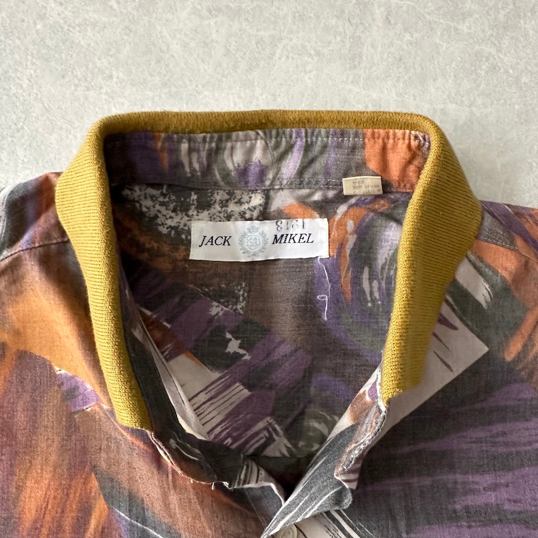 アート柄編立衿総柄シャツ 総柄 L 古着 メンズ