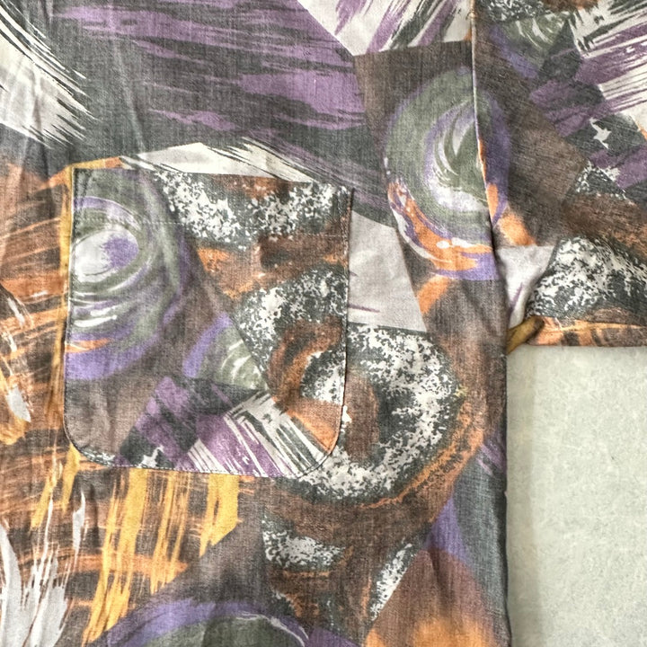 アート柄編立衿総柄シャツ 総柄 L 古着 メンズ