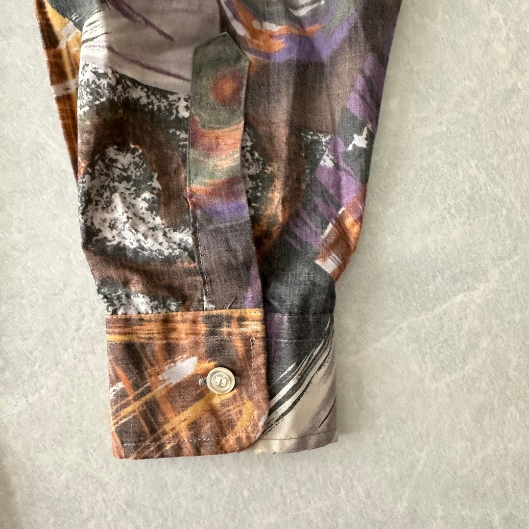 アート柄編立衿総柄シャツ 総柄 L 古着 メンズ
