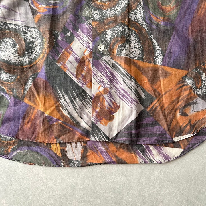 アート柄編立衿総柄シャツ 総柄 L 古着 メンズ