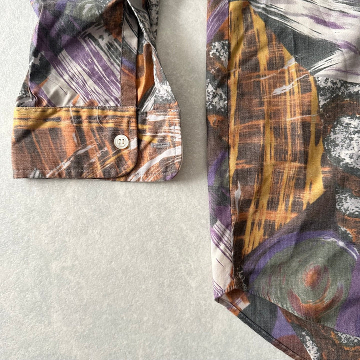 アート柄編立衿総柄シャツ 総柄 L 古着 メンズ