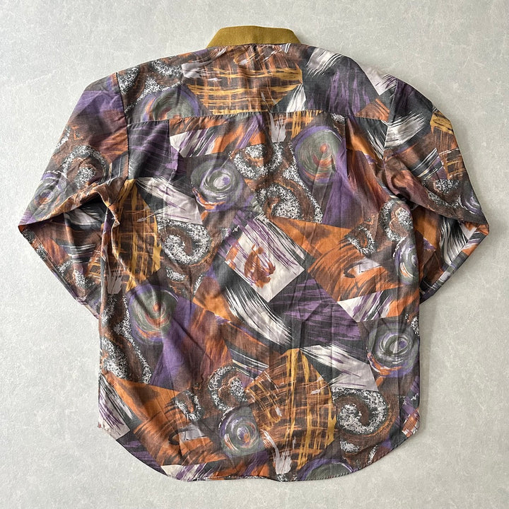 アート柄編立衿総柄シャツ 総柄 L 古着 メンズ