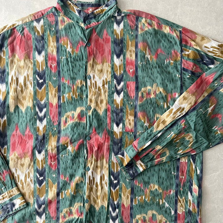 幾何学柄ネイティブ柄スタンドカラーシャツ 総柄 L 古着 メンズ
